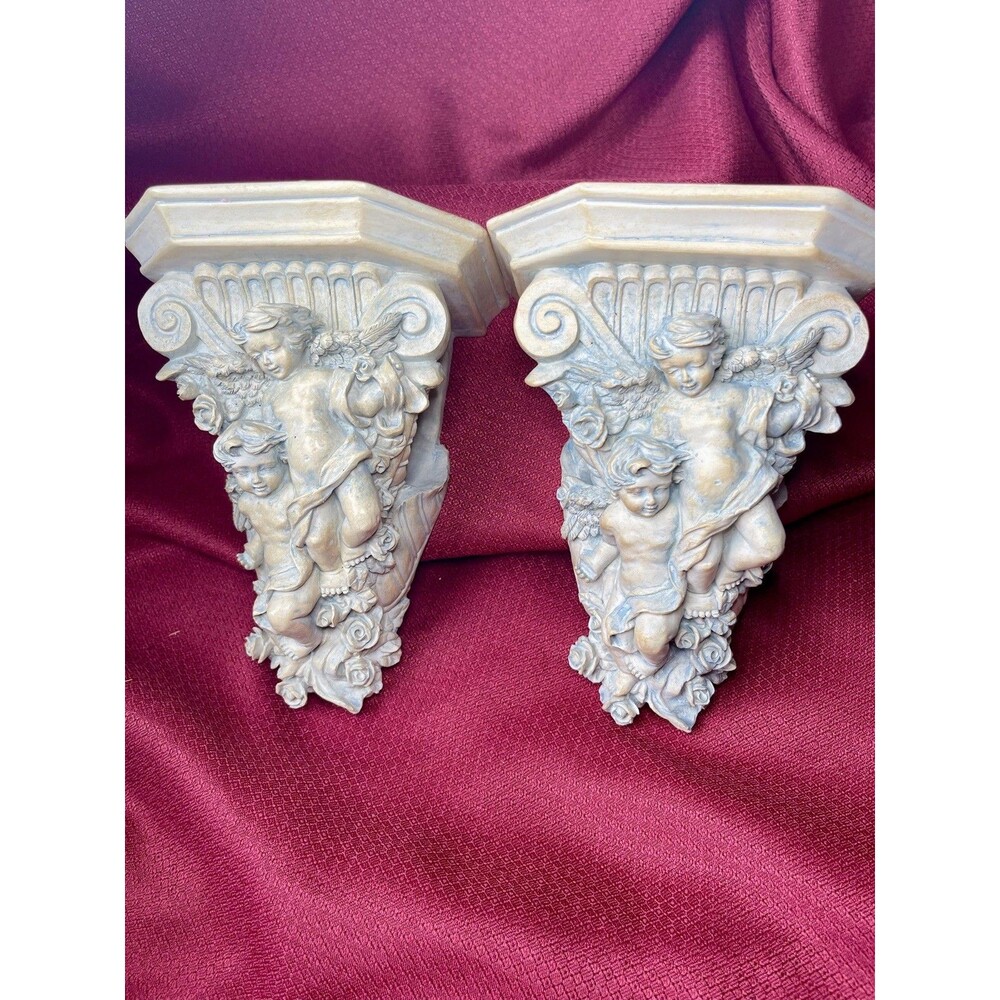 Pair of Gothic Corbels Ornate Baroque Floating Wall Shelves Curtain Rod Cherubs